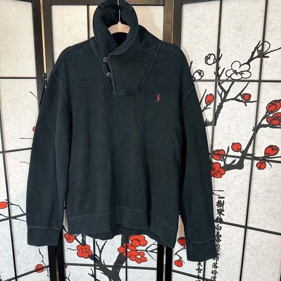 Polo Ralph Lauren Sweater Mens XL Black Cowl Neck Pullover 2 Button thick heavy - Picture 5 of 5